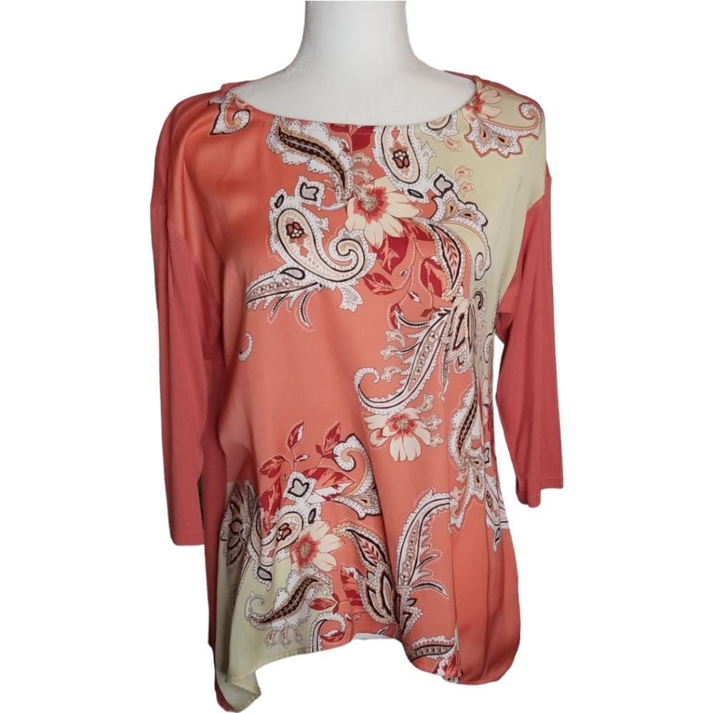 JM Collection Pullover Orange Tan Paisley Print Tunic Size Petite Medium